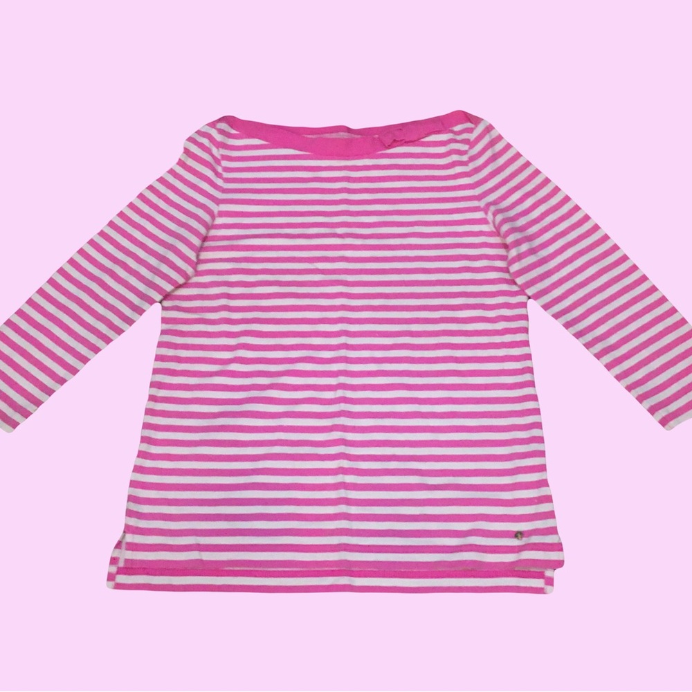 Kate Spade MEDIUM three quarter sleeve Top Bow Boat collar Striped Pink White